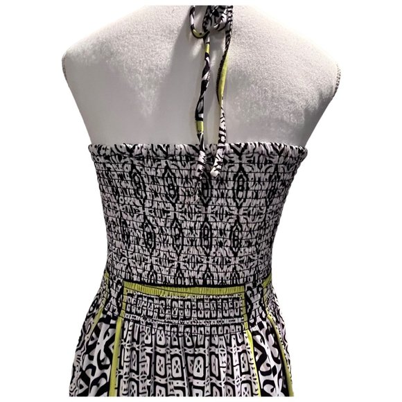NWOT Maxi Dress Size L Black, White & Lime Green Beaded Neck Ties Smocked - Picture 4 of 5